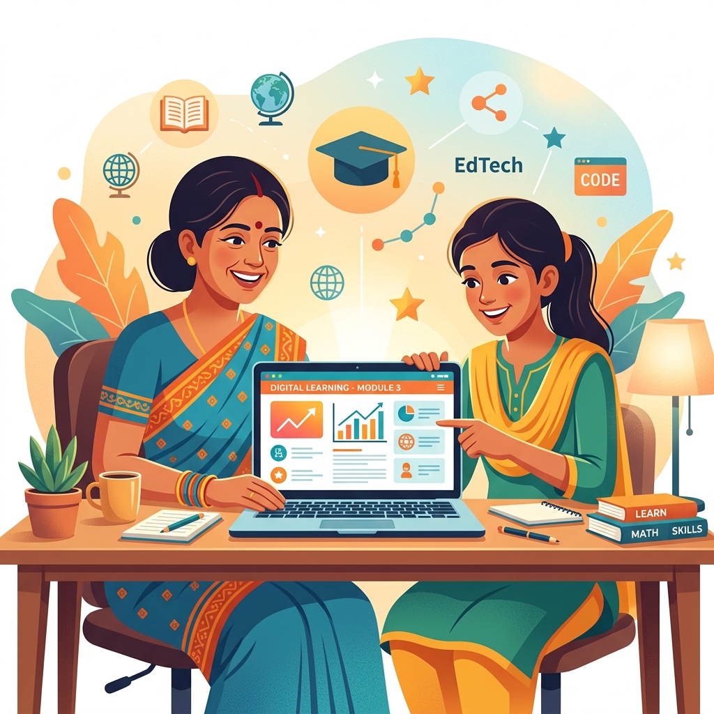 Bangladeshi parent and student learning computers together happily